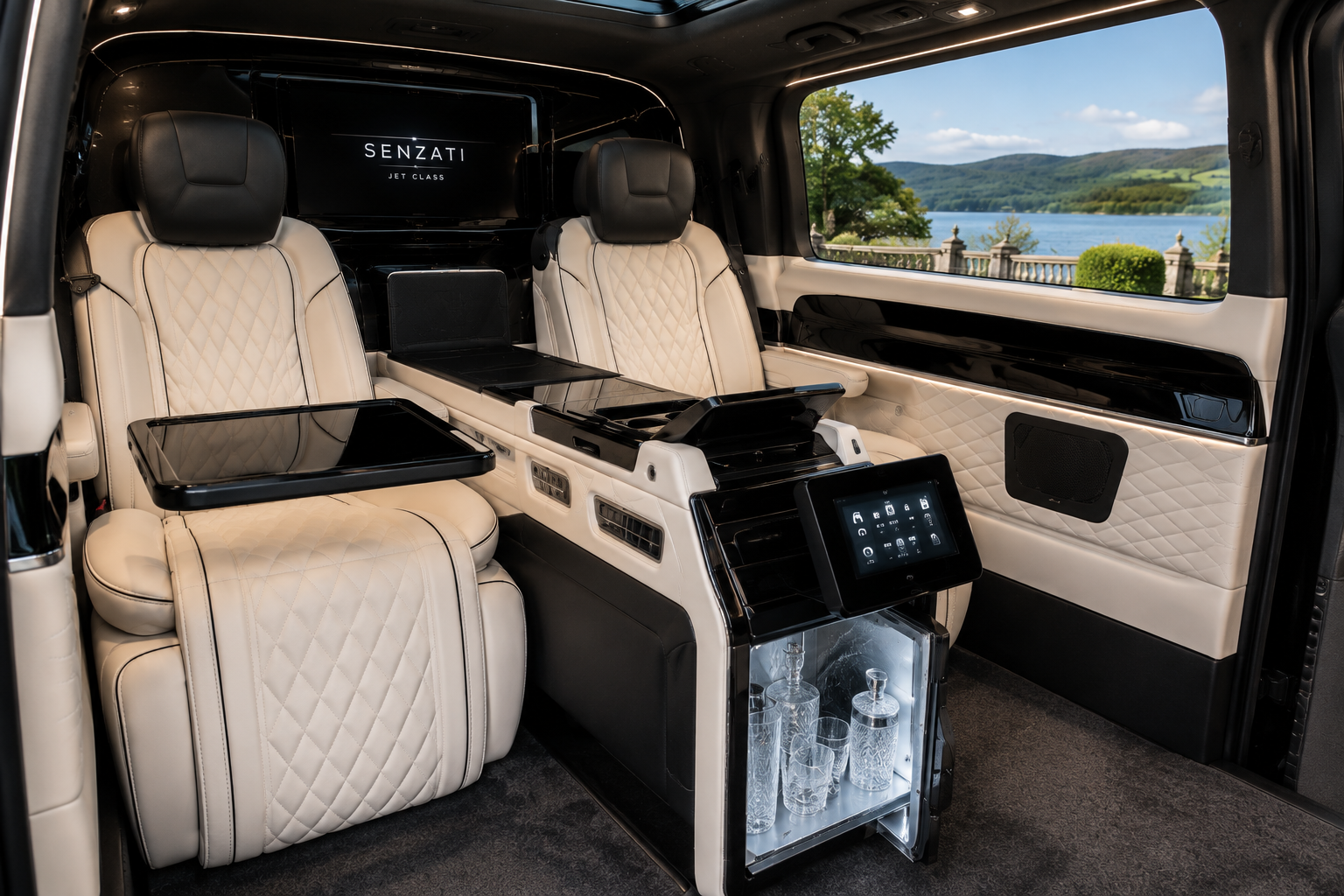 Open side door showing diamond-quilted cream leather captain's chairs in the Senzati Jet Class cabin